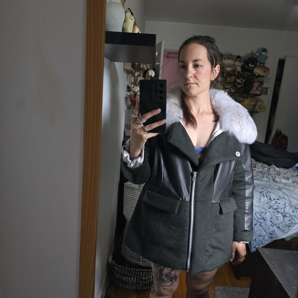 Handmade Black and Gray Jacket with Real Fox Fur Collar